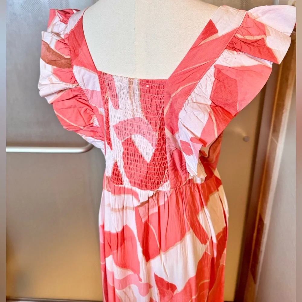 PETAL & PUP Ruffle Sleeve Vibrant Coral & White Tiered Maxi Dress